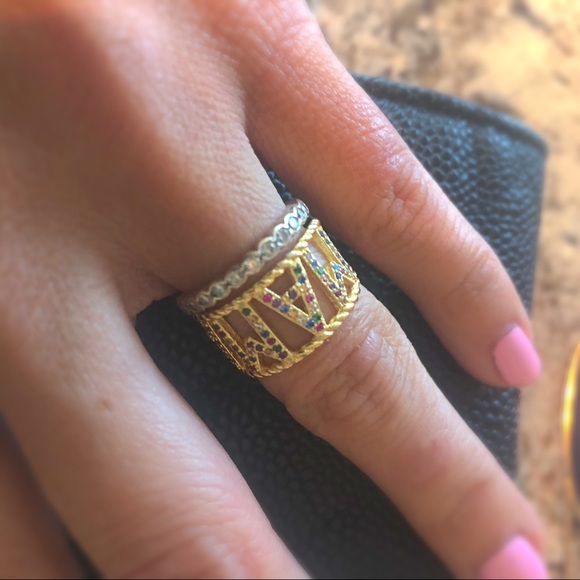 Gold Pave Rainbow Letter Ring - Picture 3 of 10